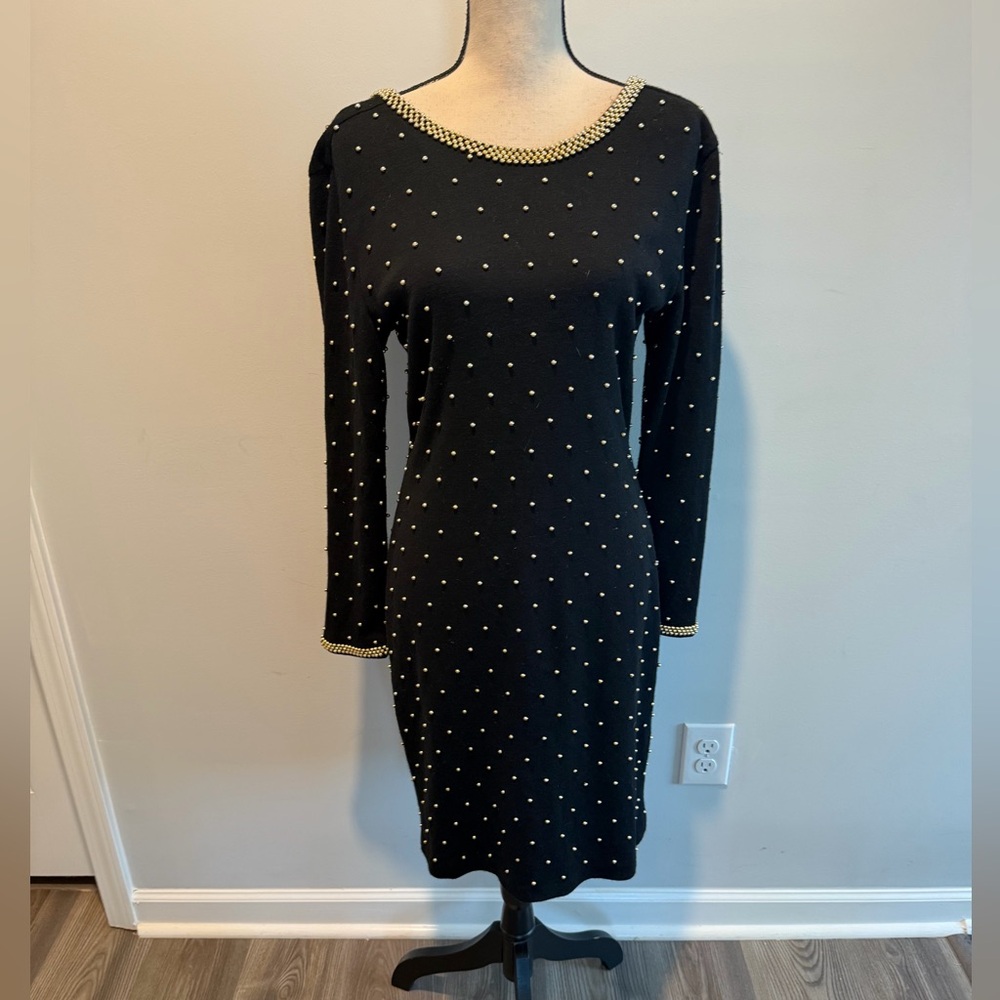 Et Al Vintage Black Gold Beaded V Back Sweater Dress Women’s size 10 Wool Blend